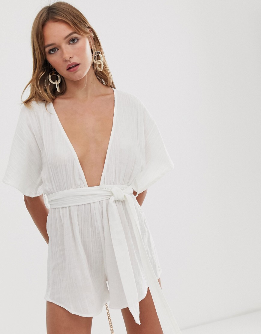 ASOS DESIGN beach playsuit with lattice back in natural crinkle fabric