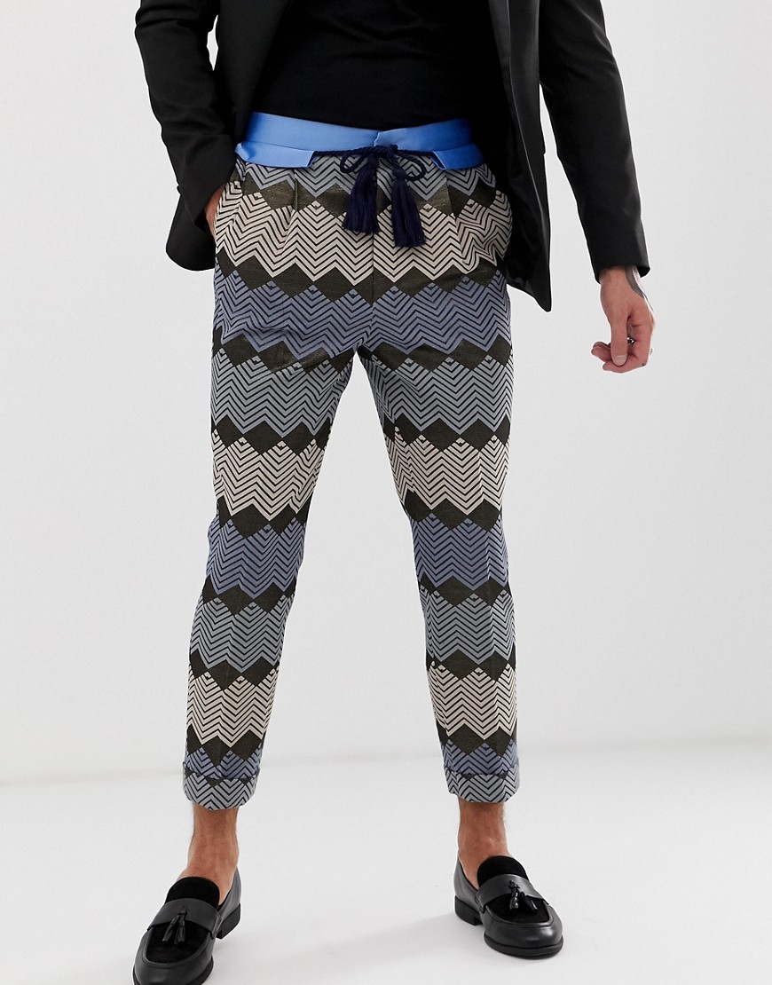 ASOS EDITION tapered smart trouser in blue zig zag jacquard with rope belt