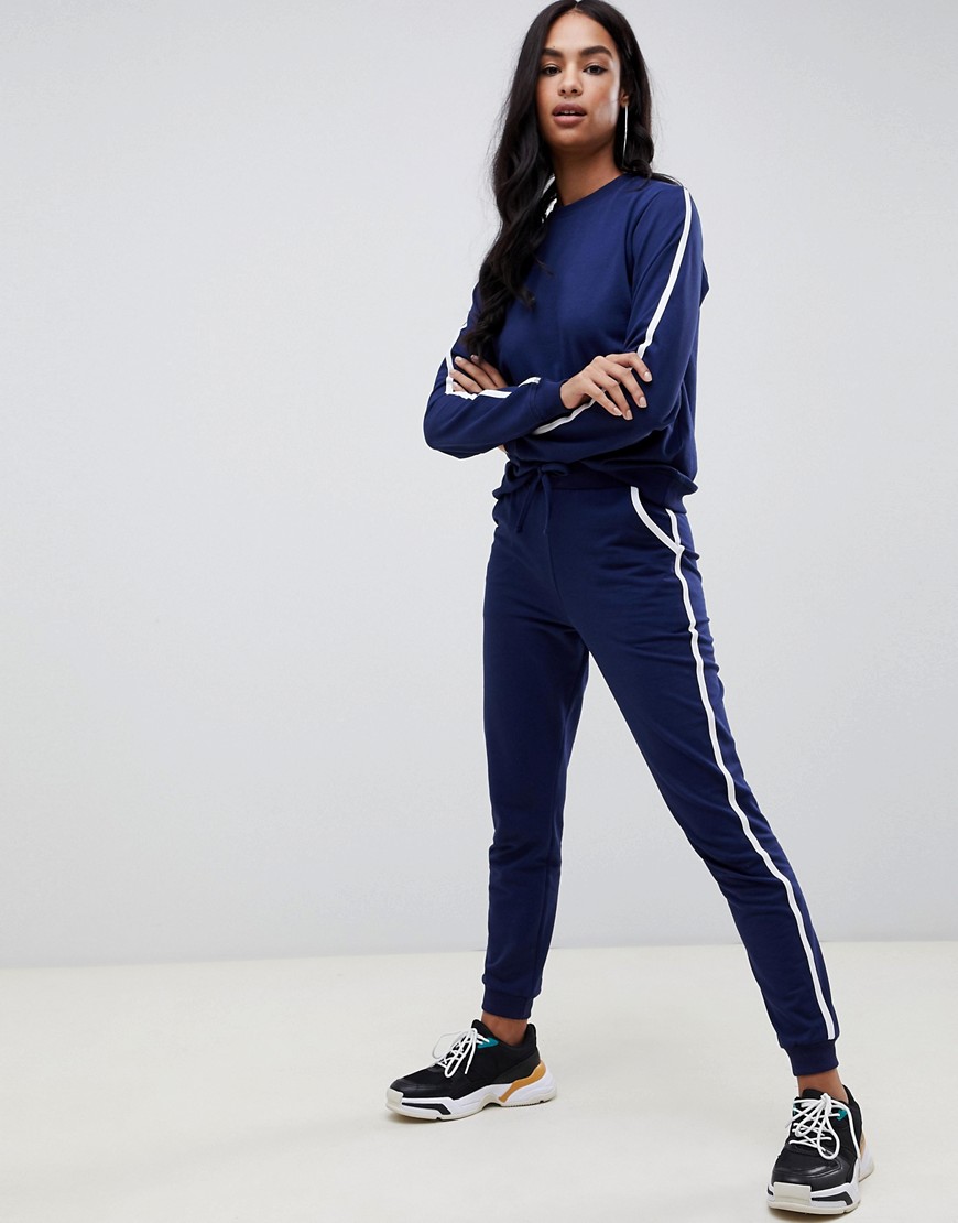 Asos Design Tracksuit Cute Sweat / Basic Jogger With Tie With Contrast Binding - Navy