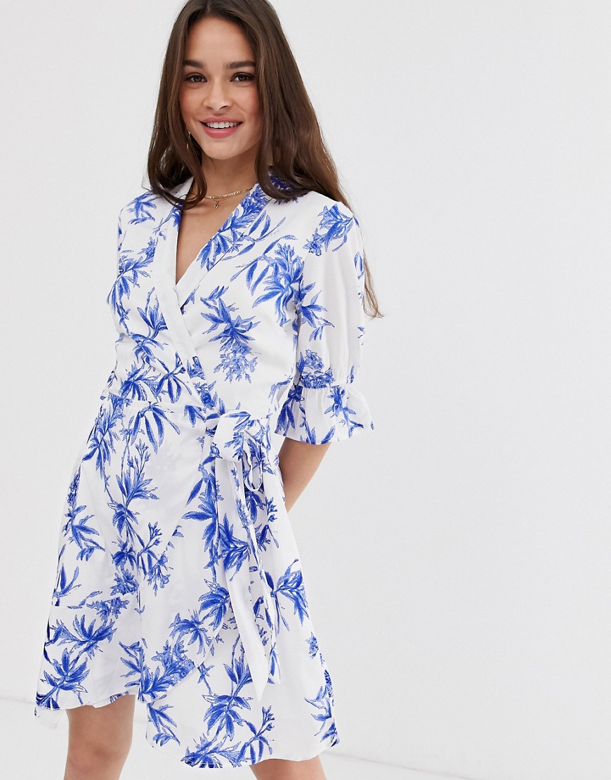 Influence wrap front dress in porcelain floral print