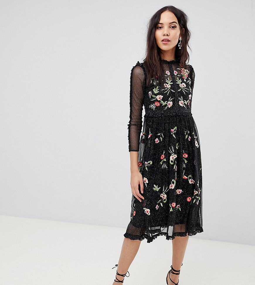 Frock And Frill Tall Floral Premium Embroidered Metallic Tulle Skater Dress - Black multi