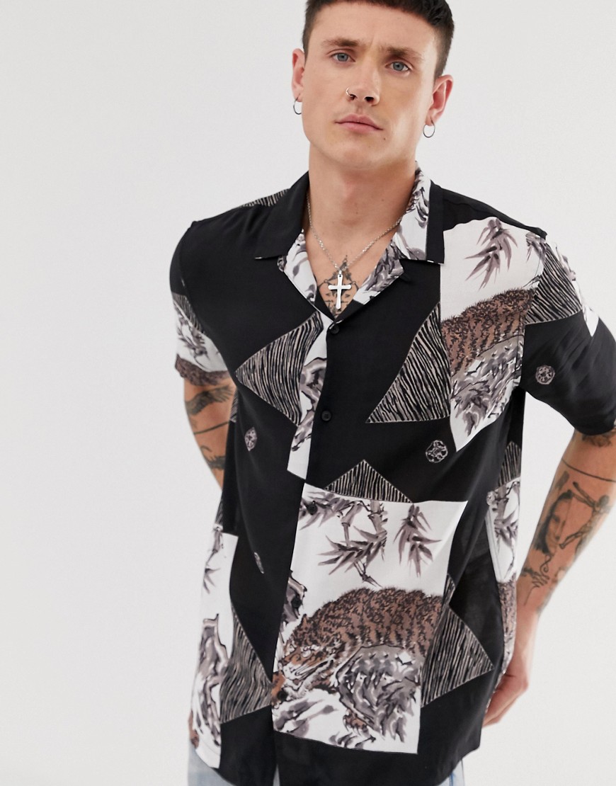 Allsaints Revere Collar Shirt With Spliced Tiger Print In Black | ModeSens