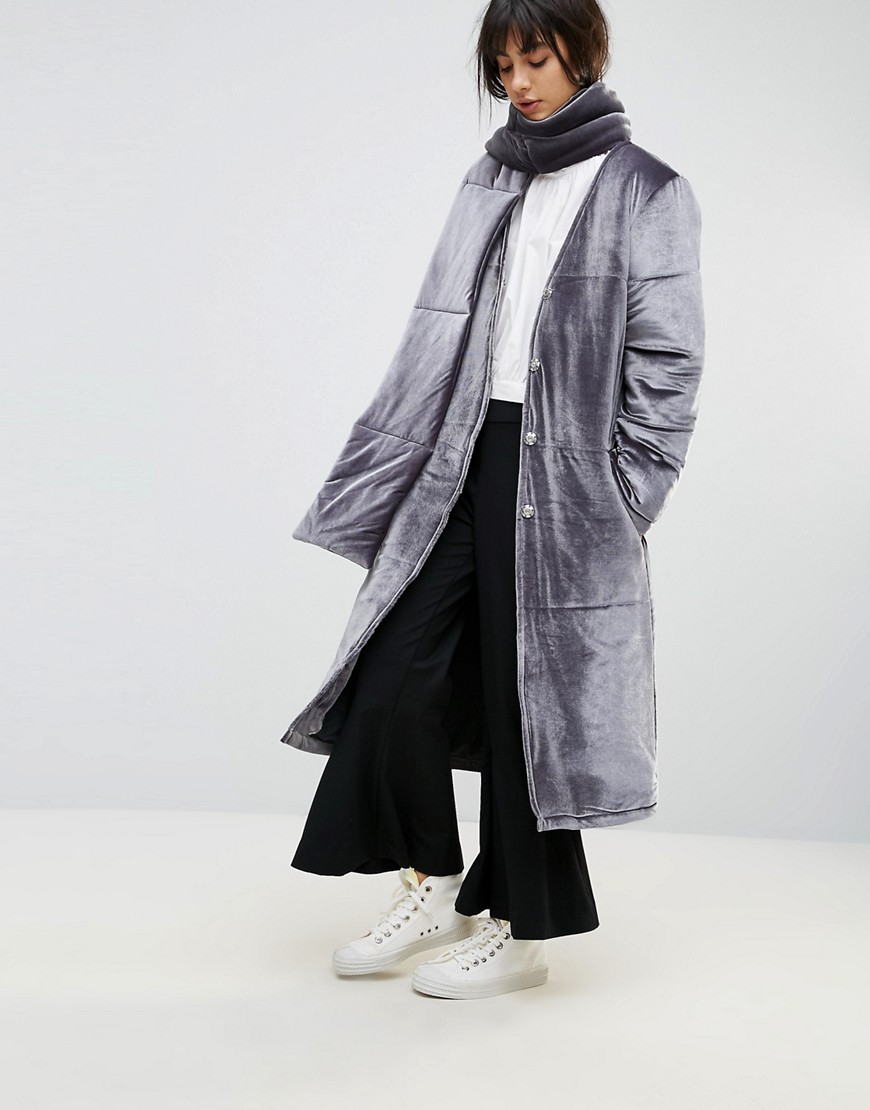 House Of Sunny Padded Longline Coat In Velvet With Detachable Scarf - Grey