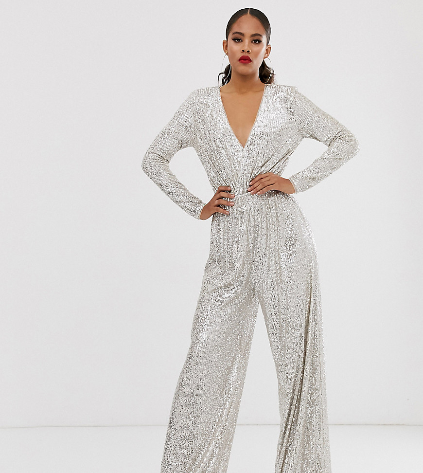 TFNC Tall wide leg trouser in silver sequin