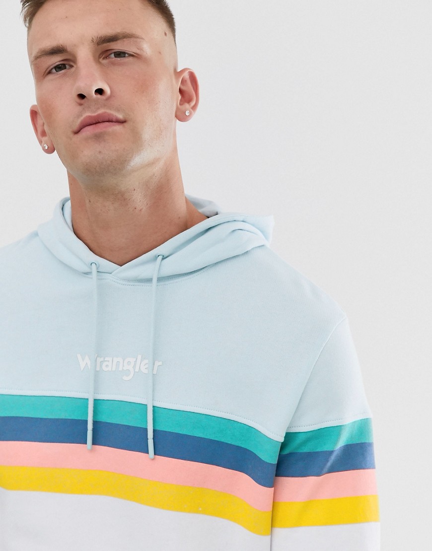 Wrangler rainbow chest stripe hoodie in light blue/white