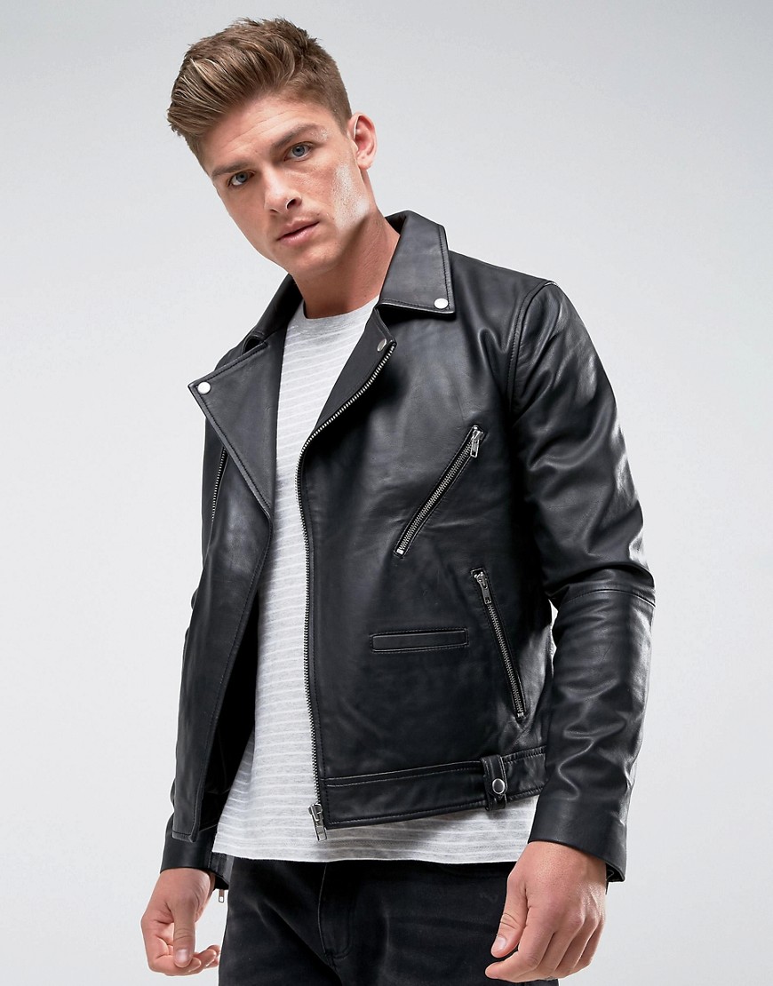Barney's Originals Real Leather Zipped Biker Jacket - Black