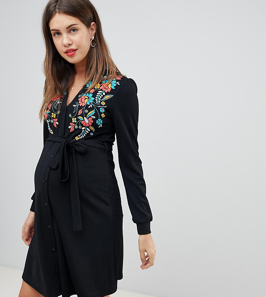 Bluebelle Maternity long sleeve shirt dress with floral placement in black - Black