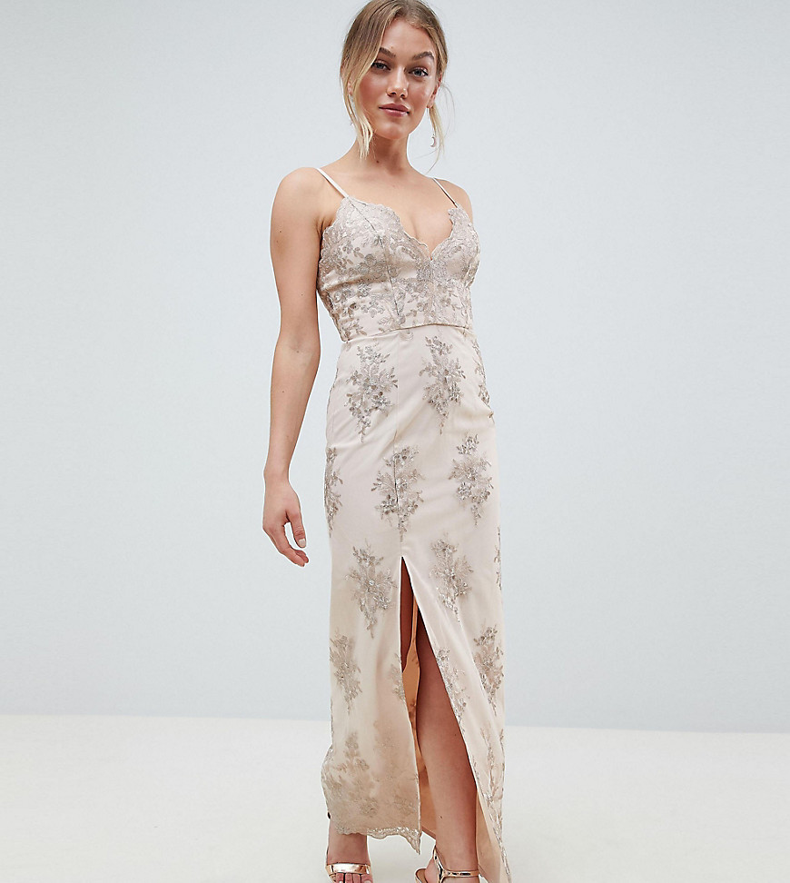Chi Chi London Petite Scalloped Plunge Maxi Prom Dress with Gold Embroidery