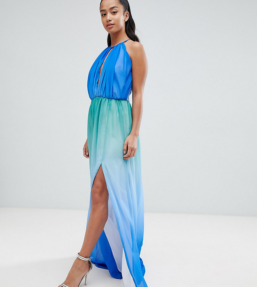 John Zack Petite Plunge Front Maxi With High Thigh Split - Blue ombre