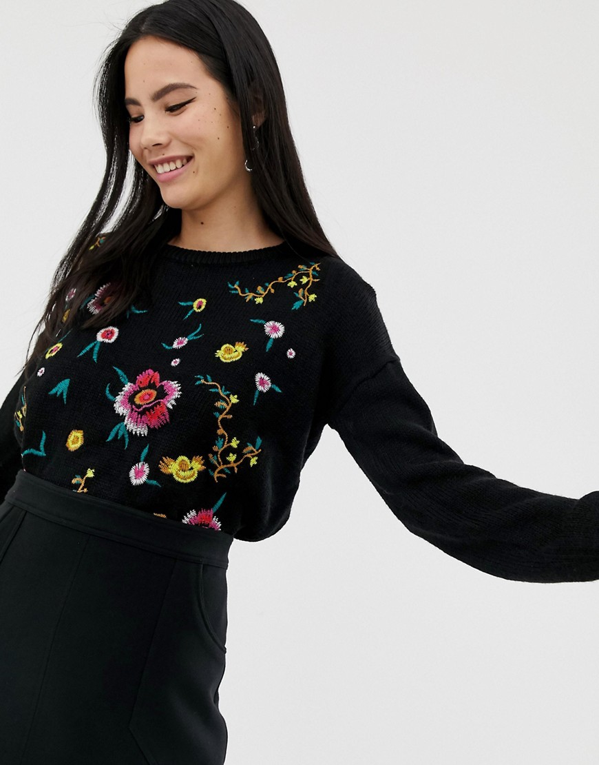 Brave Soul jumper with allover floral embroidery in black