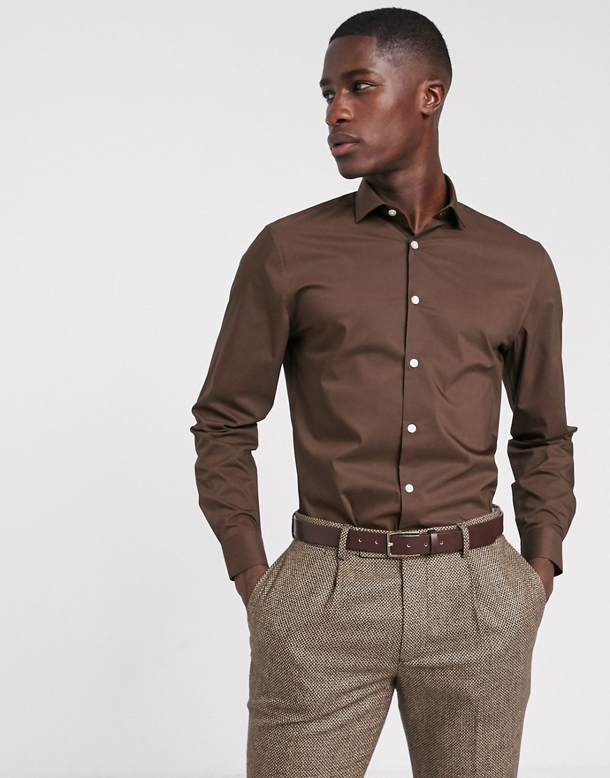 Moss London extra slim shirt with stretch in brown