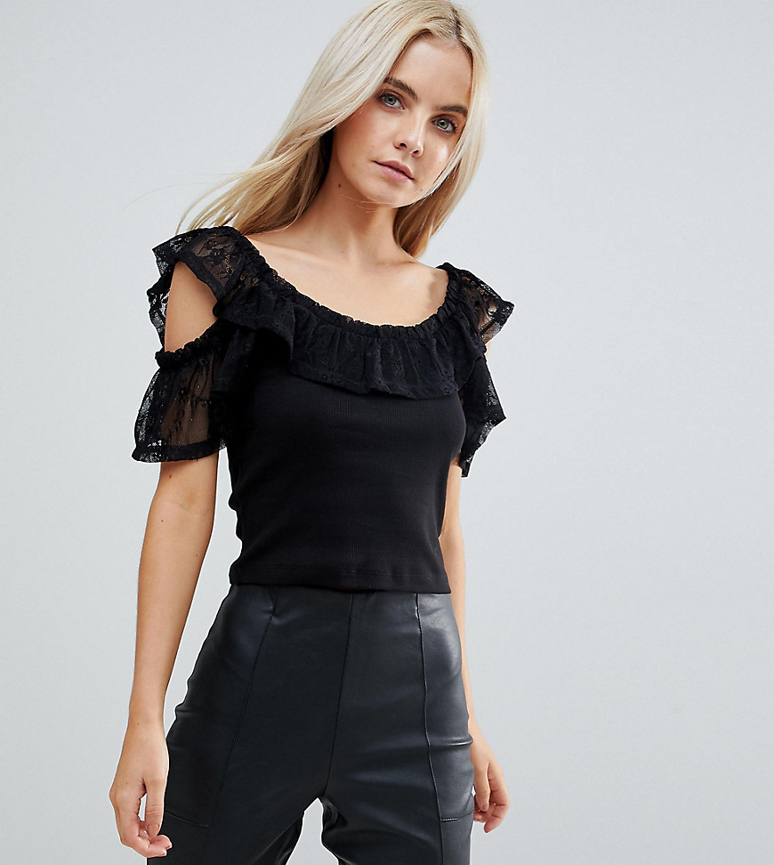 ASOS PETITE Top in Rib with Lace Off Shoulder Trim