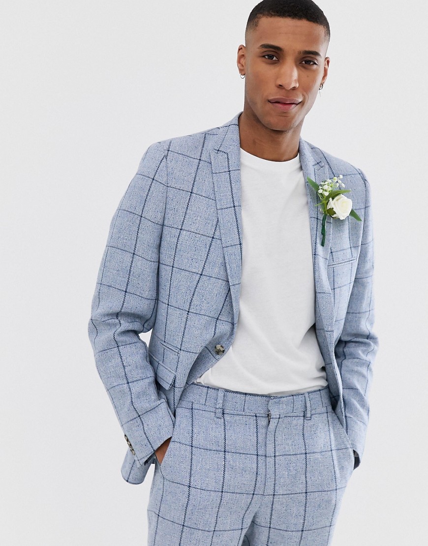 ASOS DESIGN wedding skinny suit jacket in blue check in linen mix