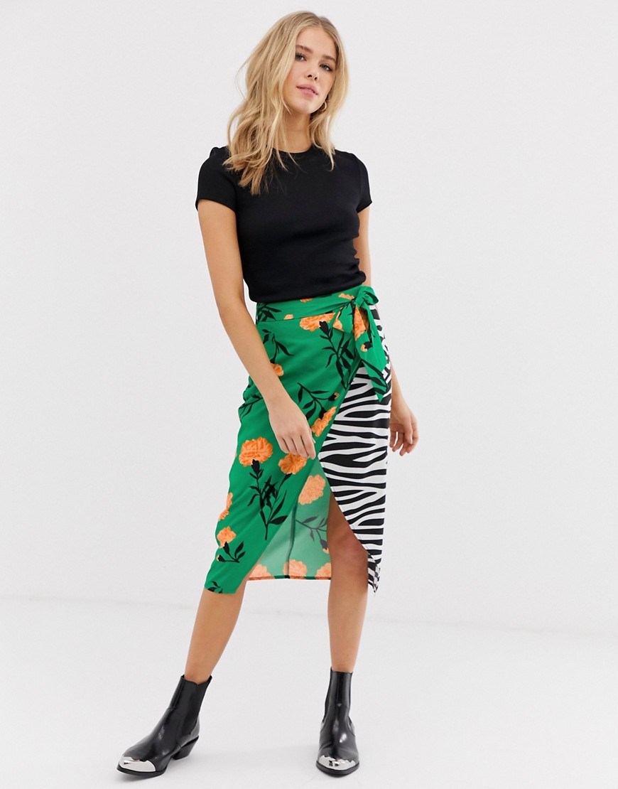 Influence wrap midi skirt with belted waist in mixed floral zebra print
