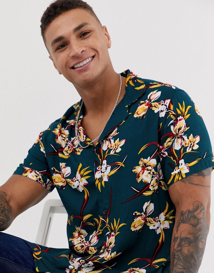 Burton Menswear revere floral shirt in teal