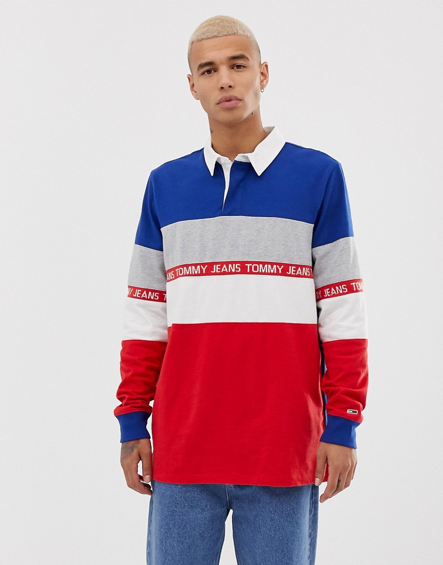 Tommy Jeans colour block long sleeve rugby polo with chest taping in red/white/blue
