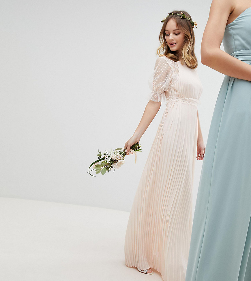 TFNC Petite Pleated Maxi Bridesmaid Dress With Spot Mesh Frill Detail