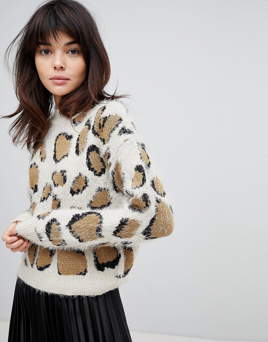 Willow And Paige High Neck Fluffy Jumper In Oversized Leopard Print - Multi