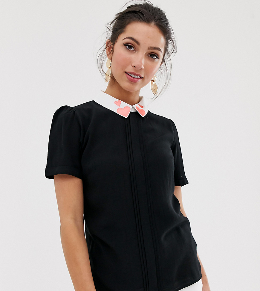 Oasis shell top with embroidered heart collar in black