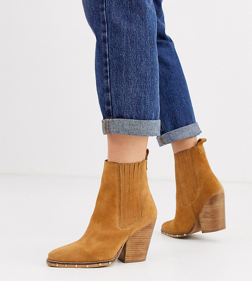 Asos Design Wide Fit Relative Suede Studded Heeled Western Boots-beige
