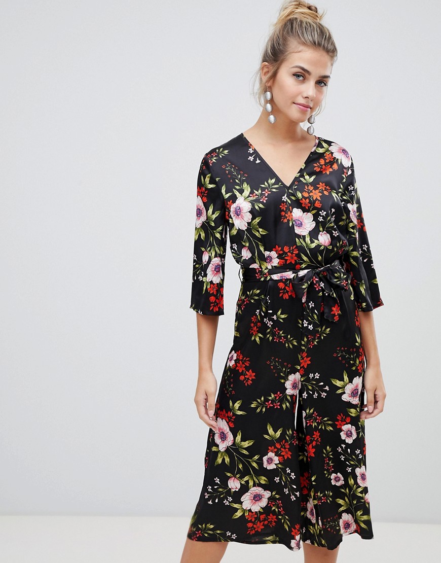 Influence floral satin print jumpsuit with tie waist