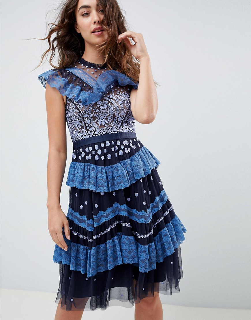 Needle & Thread tiered lace embroidered midi dress in navy