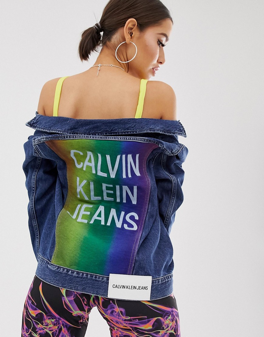 Calvin Klein Jeans denim jacket with rainbow detail back patch