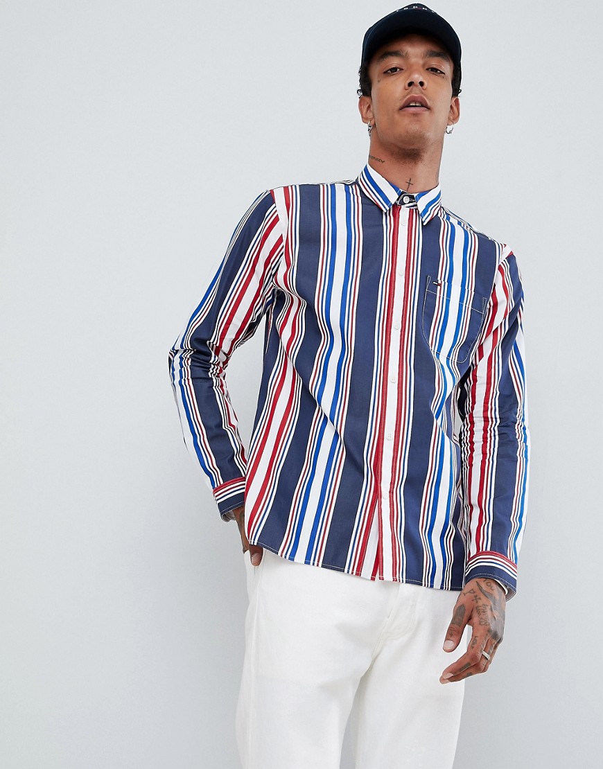 Tommy Jeans shirt with flag logo in navy retro multi stripe