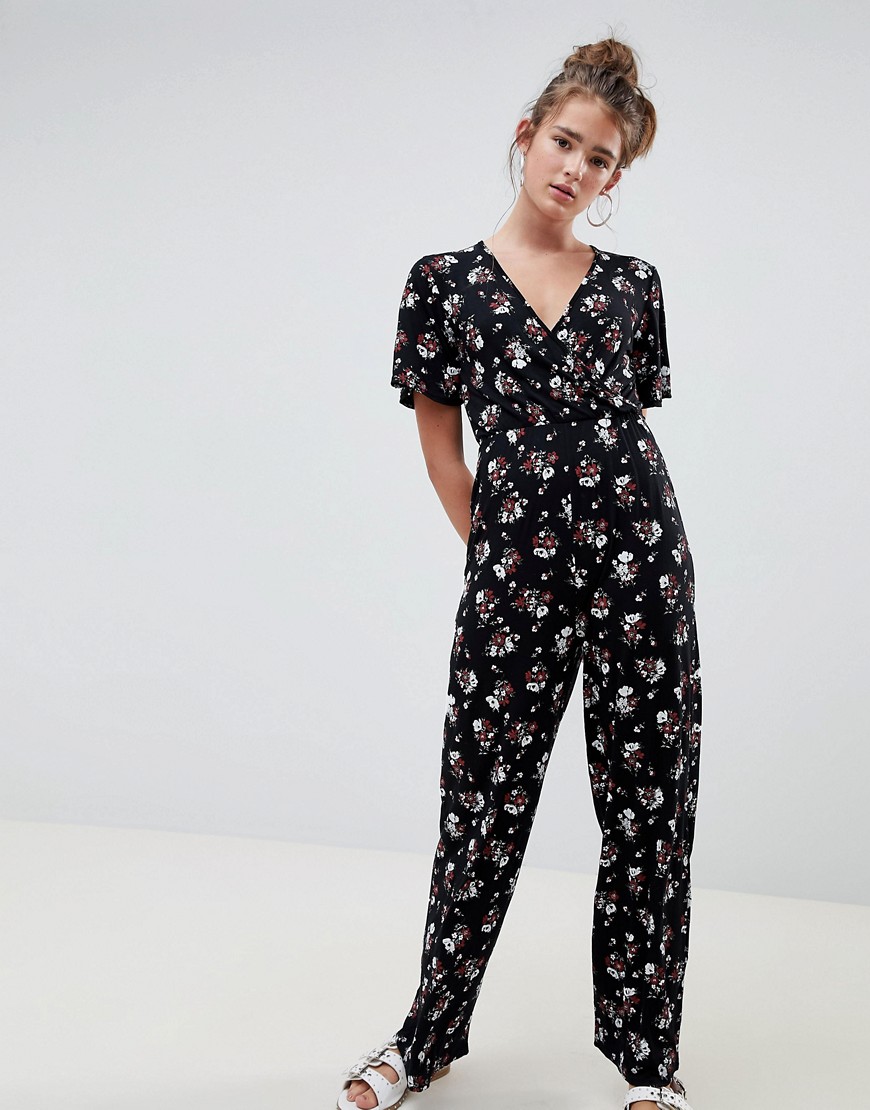 Daisy Street Jumpsuit with Kimono sleeves in Dark Floral Print - Black