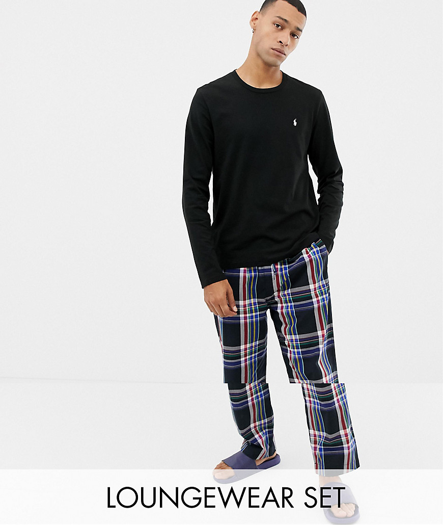 Polo Ralph Lauren long sleeve top and check pants lounge gift box set in black/winter check