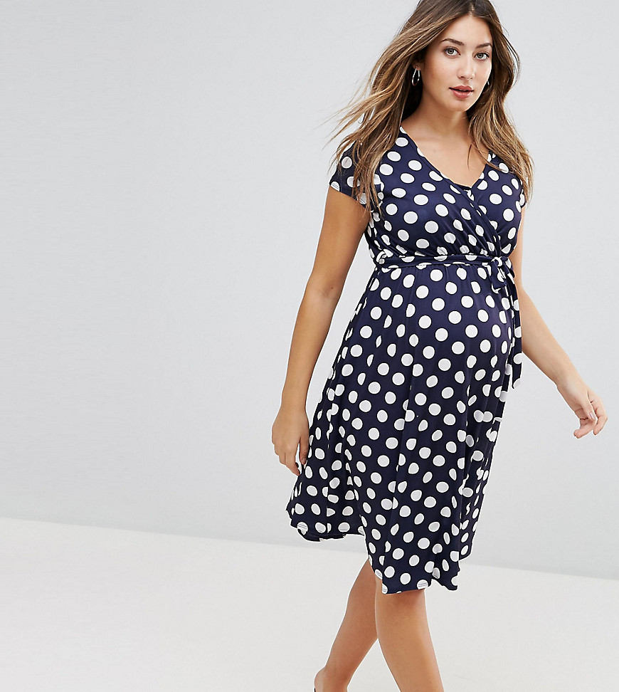 Bluebelle Maternity Wrap Midi Dress With Tie Waist With Polka Dot Print - Navy polka