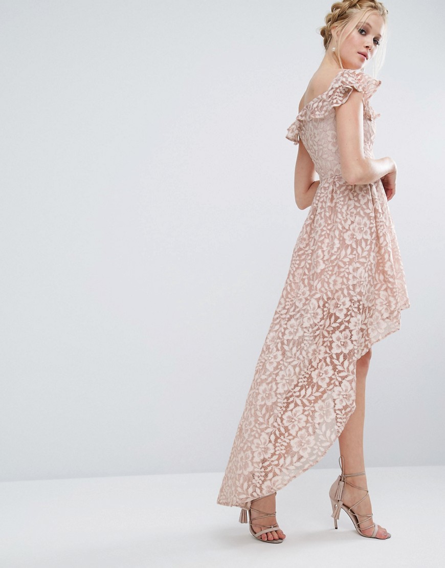 Chi Chi London Lace Asymmetric Off The Shoulder Dress With Frill Details - Mink