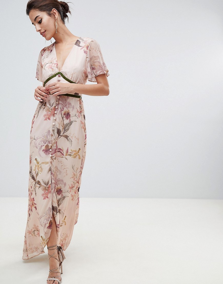 Hope & Ivy Fluted Sleeve Maxi Dress with Velvet Trim - Pink floral