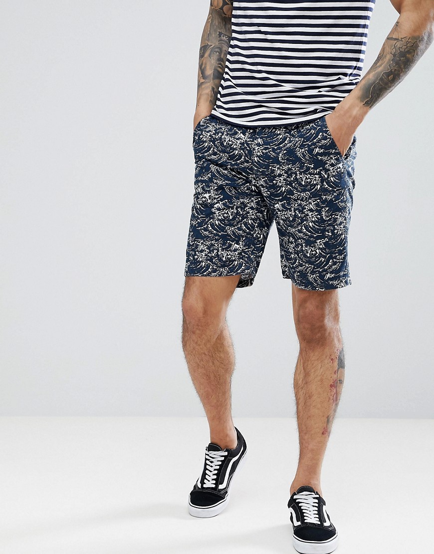 Bellfield Slim Fit Chino Short With Wave Print - Navy