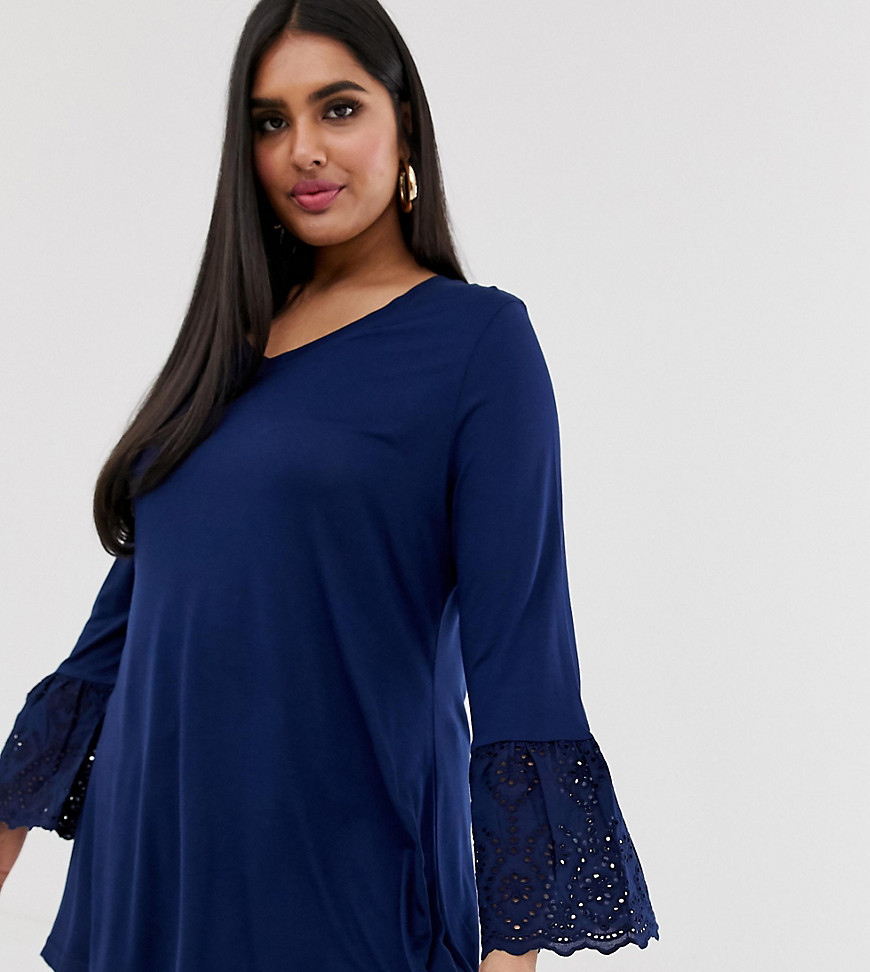 Simply Be longline v neck t-shirt with broderie sleeves in navy