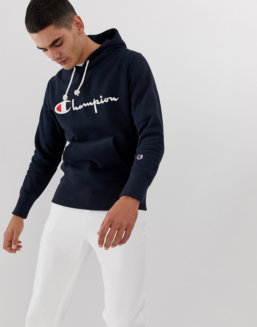 Champion reverse weave hoodie with large script logo in navy