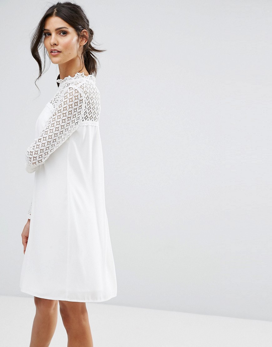 Elise Ryan High Neck Swing Dress With Lace Upper - Ivory