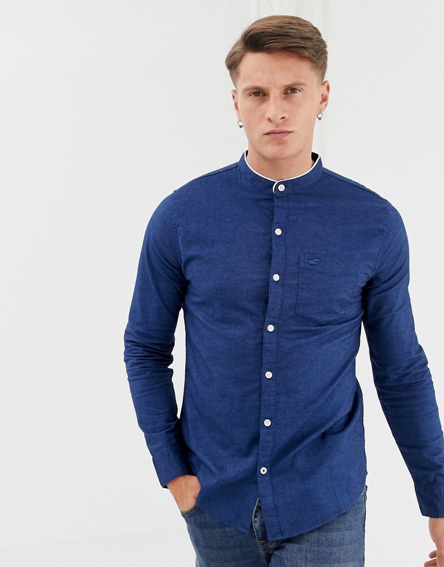 Hollister muscle fit banded collar icon logo oxford shirt in navy