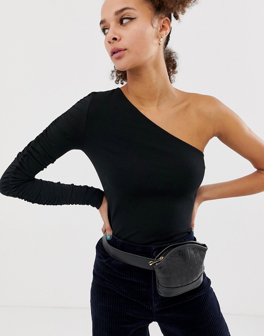 Noisy May one shoulder gathered sleeve top - Black