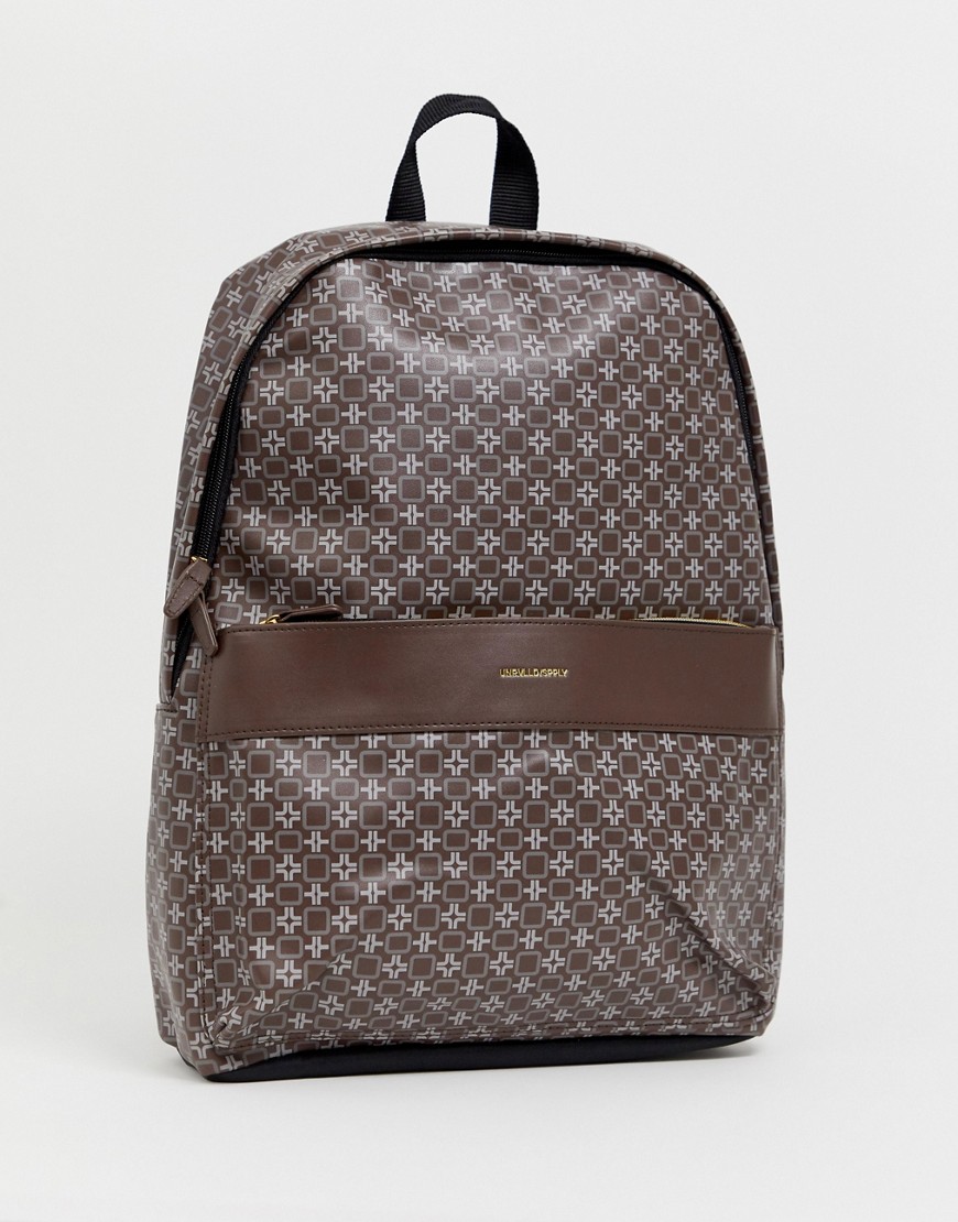 ASOS DESIGN faux leather backpack in brown geo print