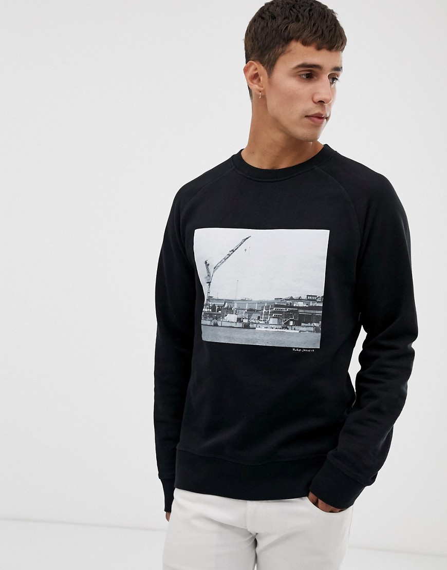 Nudie Jeans Co Samuel graphic harbour logo sweatshirt in black