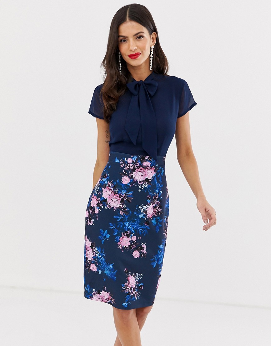 Paper Dolls capped sleeve printed midi pencil dress with pussy bow detail