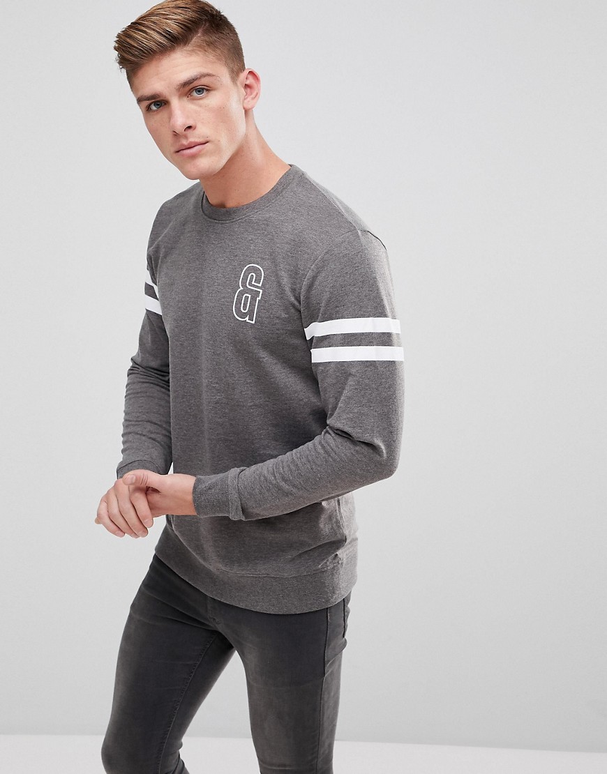 Only & Sons Sweat With Logo And Stripe Sleeve Detail - Dark grey melange