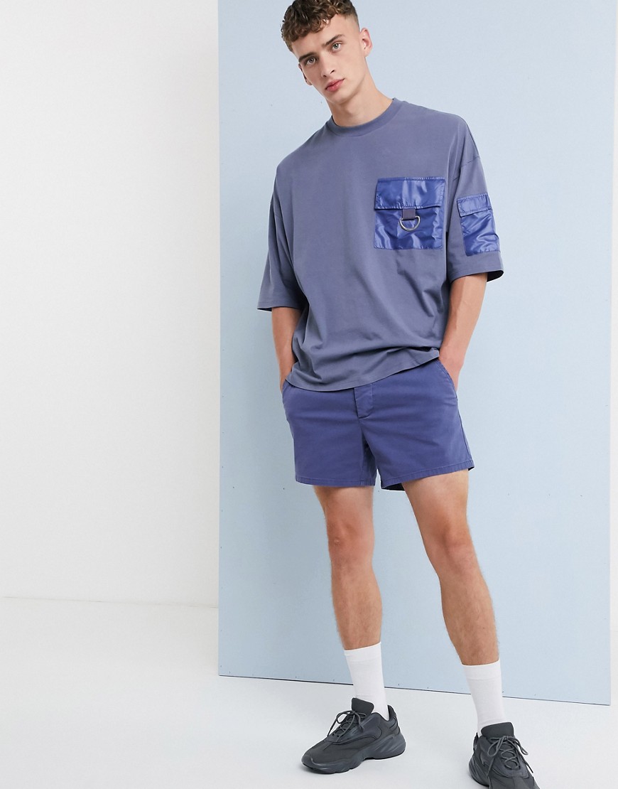 Asos Design Slim Shorter Chino Shorts In Washed Blue | ModeSens