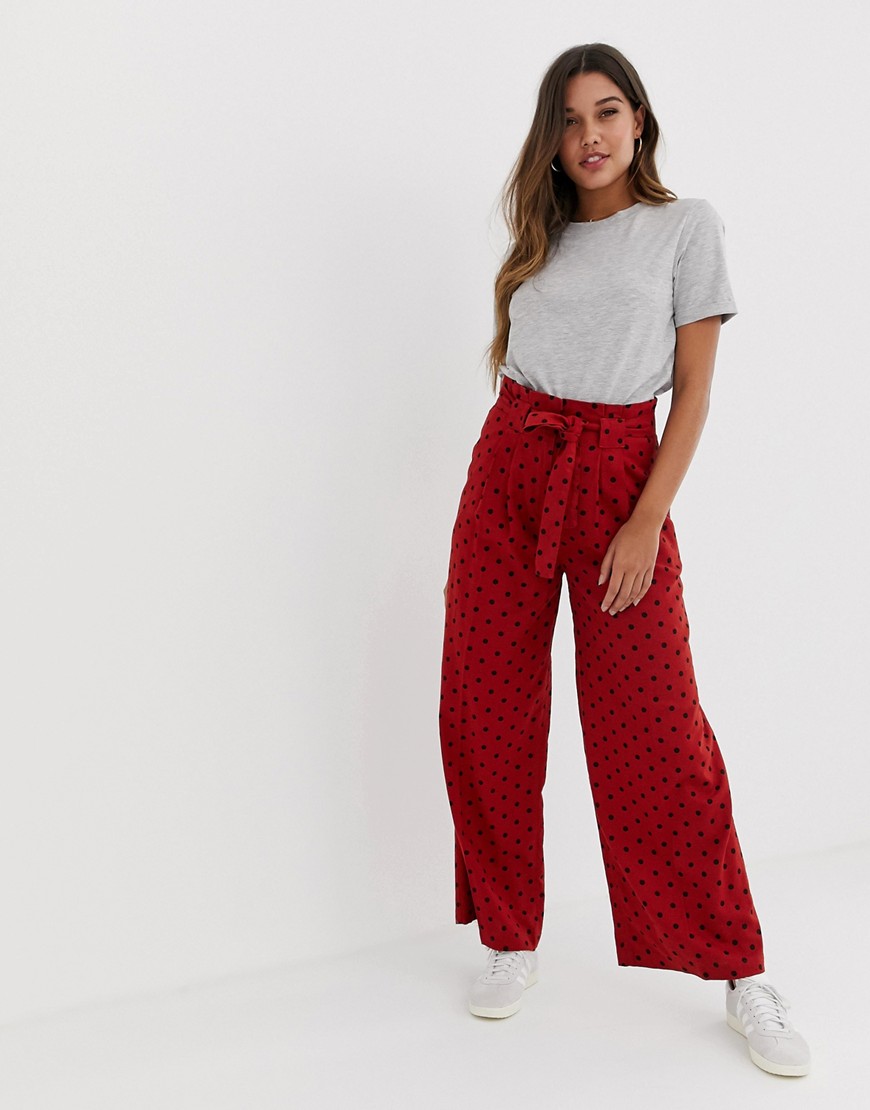 ASOS DESIGN linen wide leg trousers with paperbag waist and belt in spot