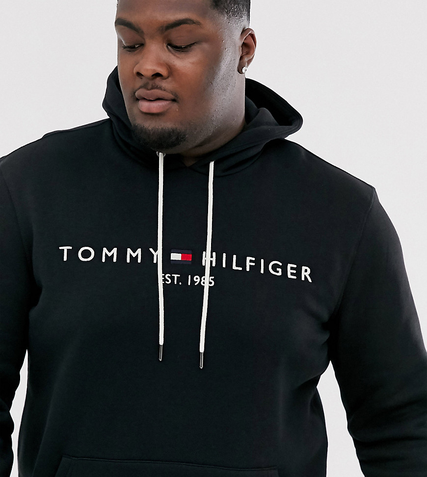 Tommy Hilfiger Big & Tall flock stripe logo hoodie in black