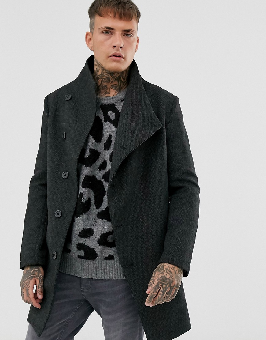 Religion funnel neck asymmetric overcoat in grey marl dogtooth