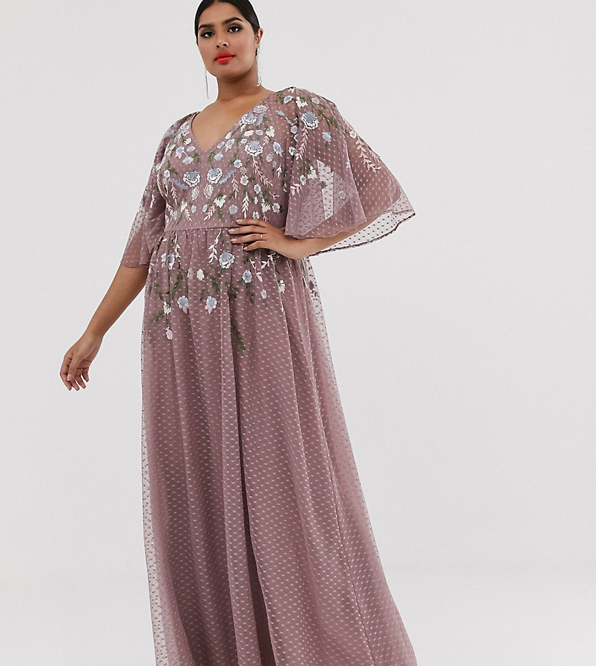 ASOS DESIGN Curve flutter sleeve maxi dress with summer floral embroidery