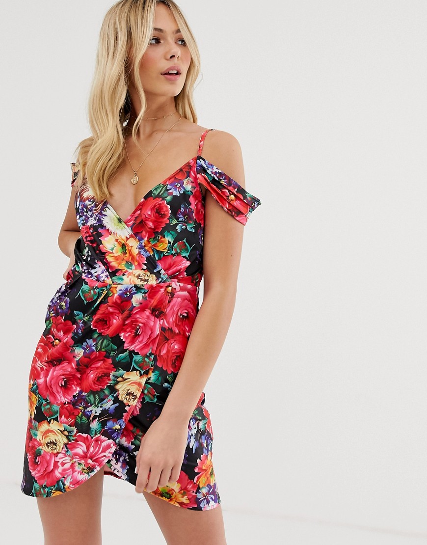 Parisian wrap front mini dress with cold shoulder detail in bright floral