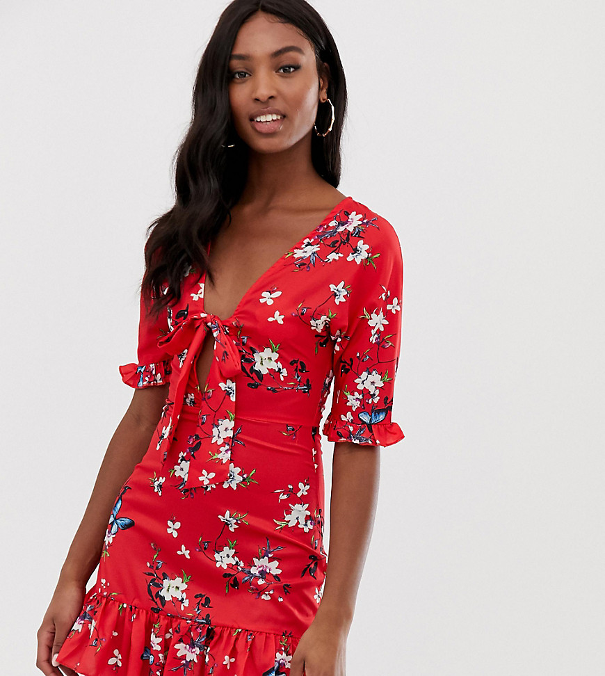 Parisian Tall tie front skater dress in red floral